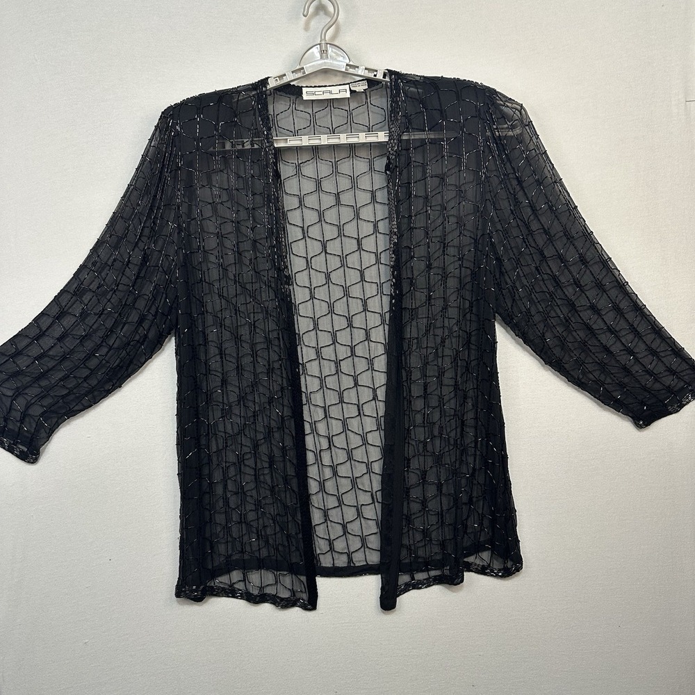 Scala 3XL Women's Black Silk Cardigan Jacket‎ Beaded Sequin Open Front